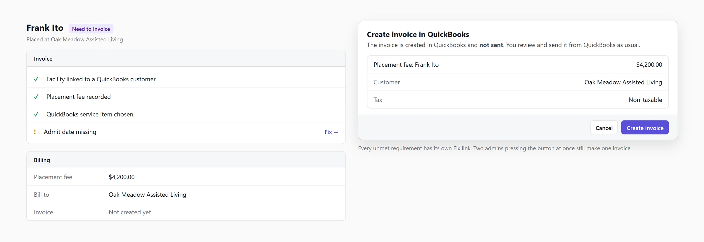 Invoice panel showing completed and missing requirements, next to the Create invoice in QuickBooks dialog